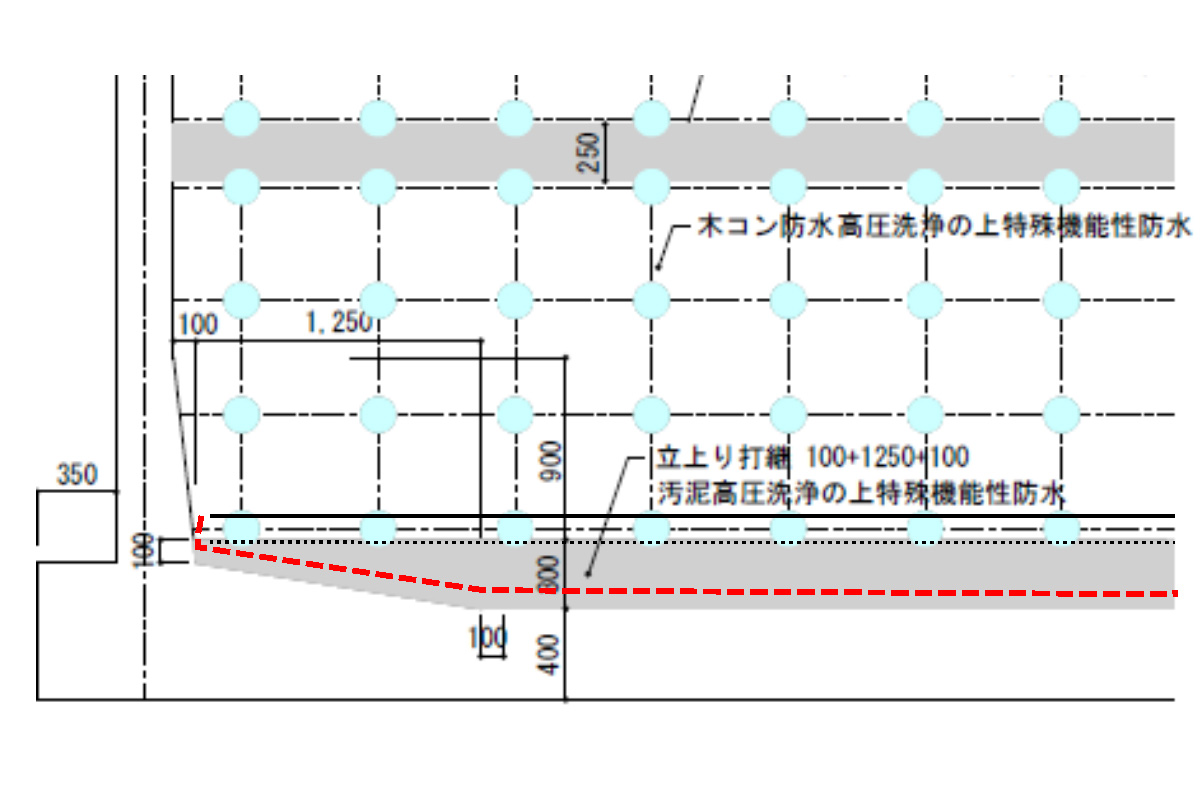 底版テーパー部分断面防水納まり