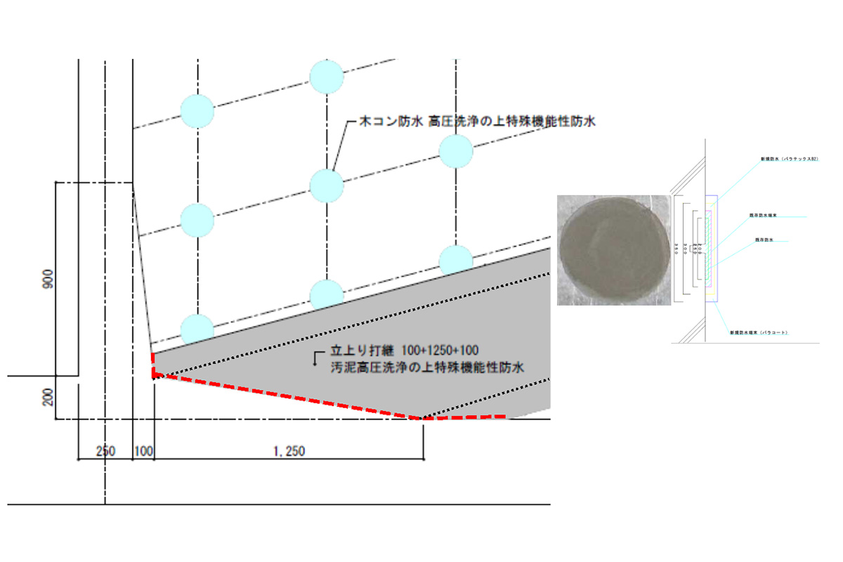 底版テーパー部分断面防水納まり